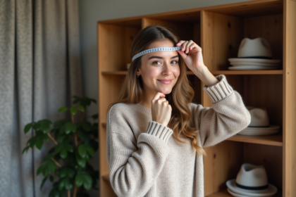 Jeune femme mesurant sa tête avec un ruban dans une chambre cosy