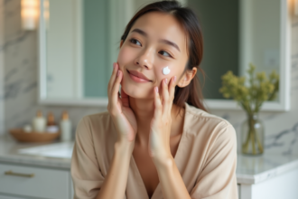 Jeune femme appliquant une creme visage dans sa salle de bain