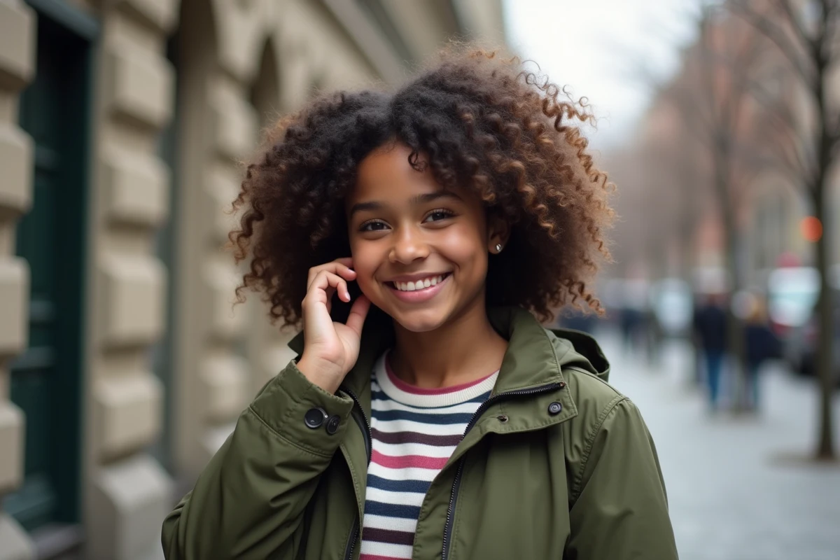 Jeune fille avec parka et cheveux bouclés dans la rue urbaine