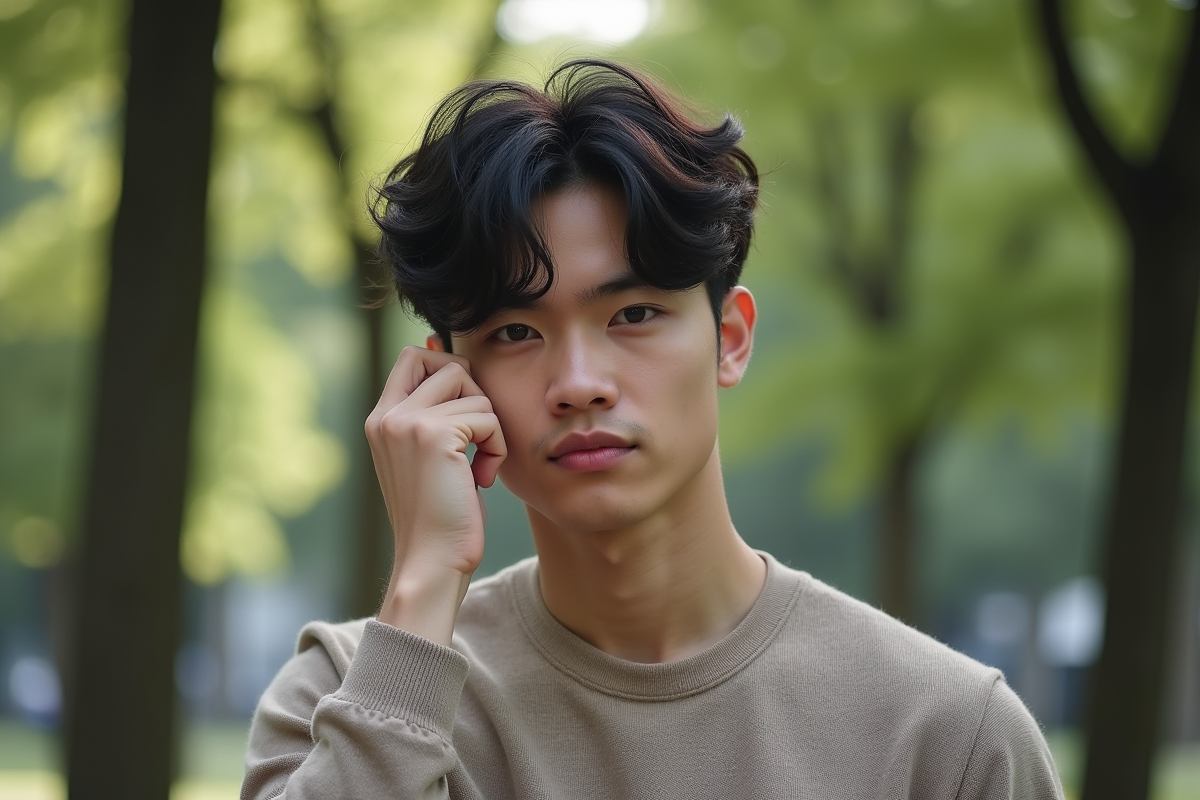 Jeune homme aux cheveux texturés dans un parc urbain