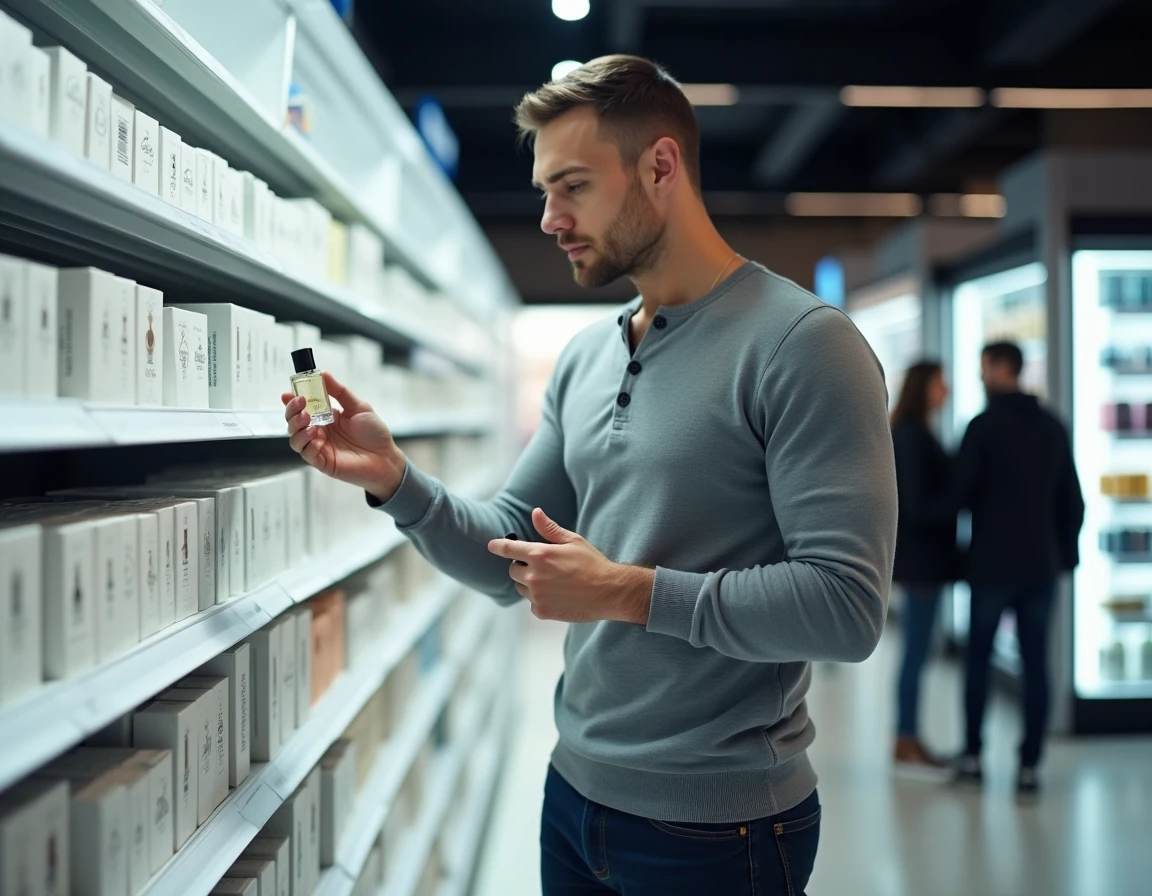 Jeune homme en tenue décontractée choisissant un parfum homme sur un rayon Lidl en magasin