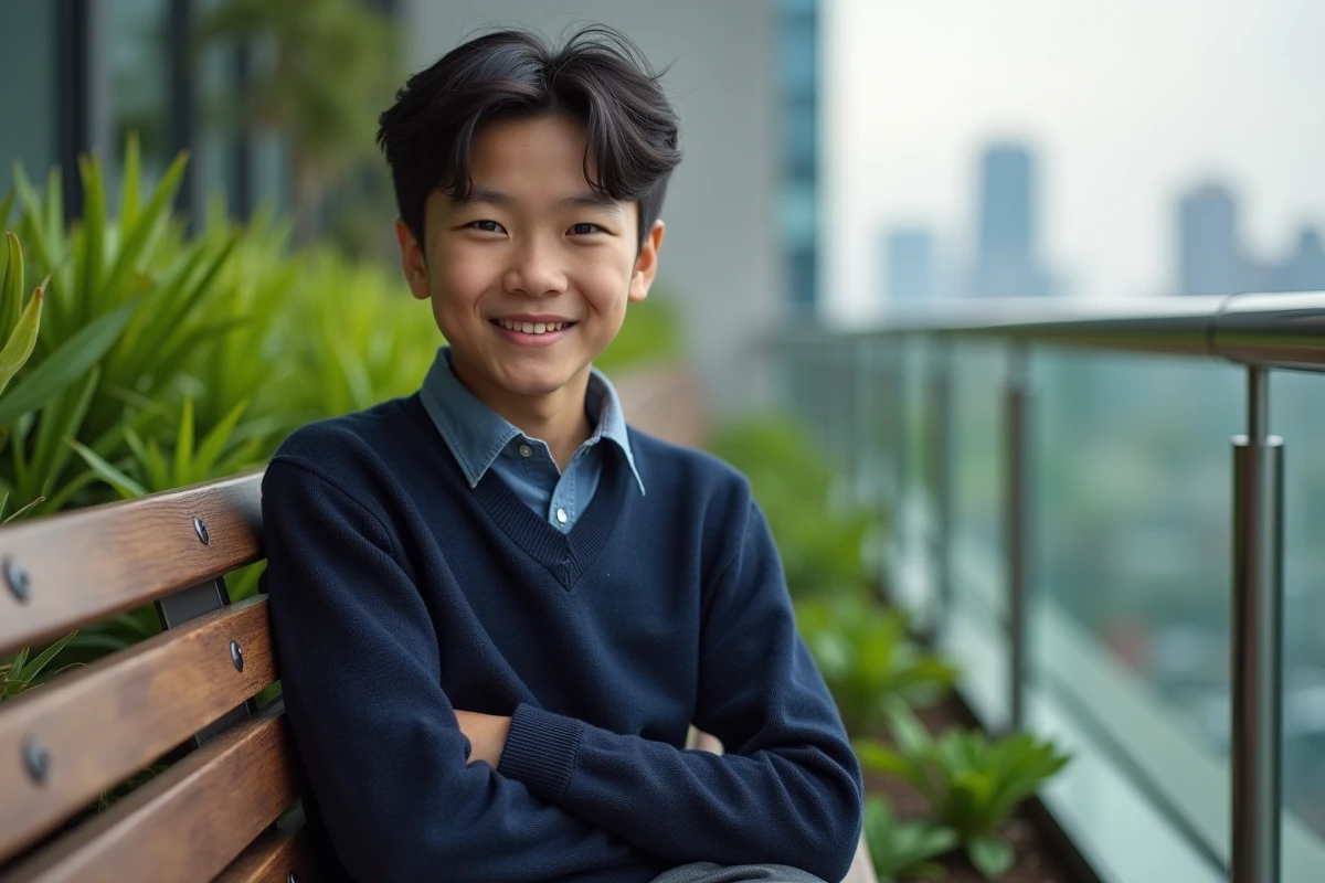 Jeune homme asiatique souriant dans un jardin urbain