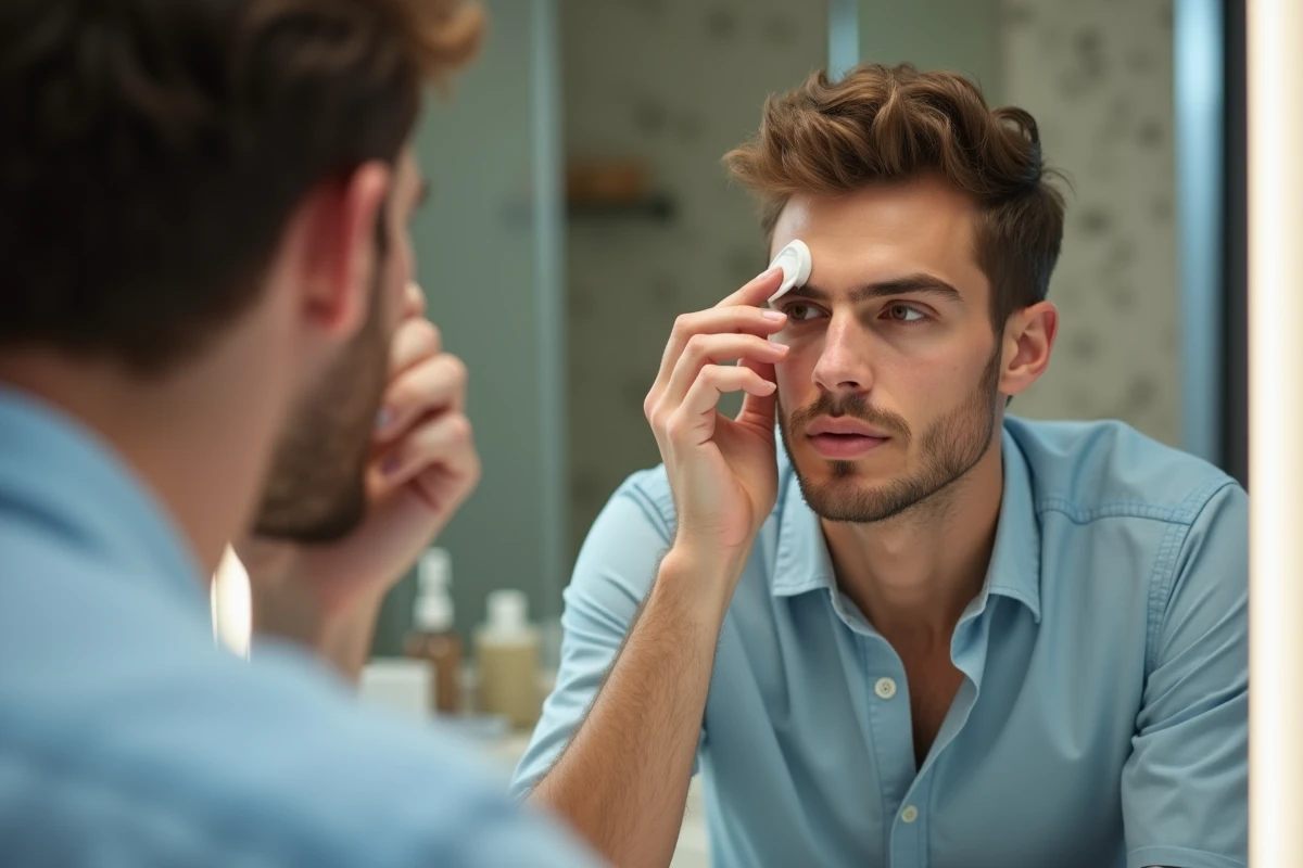 Jeune homme appliquant une creme dans sa salle de bain