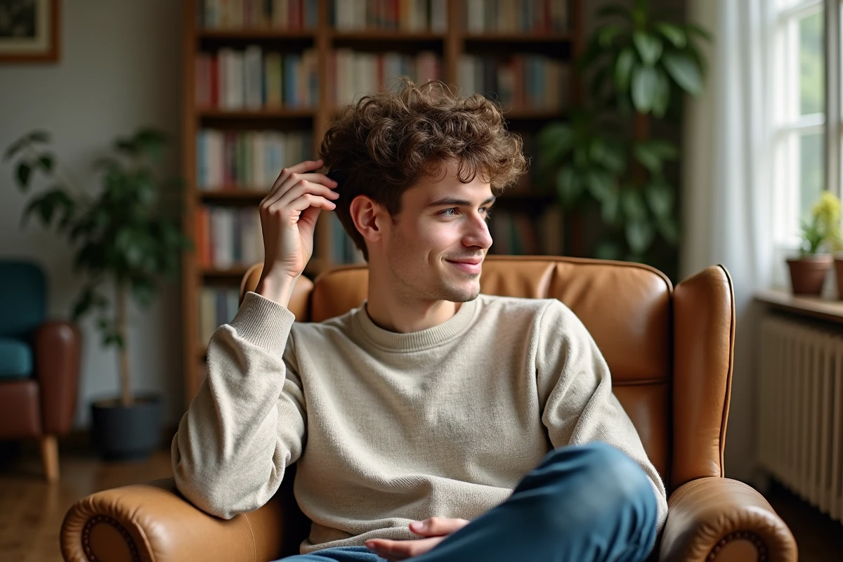 Jeune homme appliquant une creme coiffante dans un salon cosy