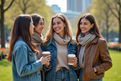 Groupe de jeunes femmes dans un parc urbain au printemps