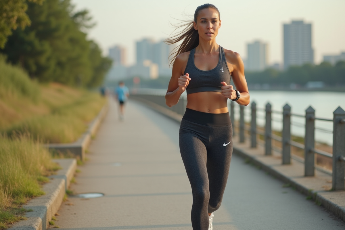 Femme en athleisure courant au bord de la rivière en ville