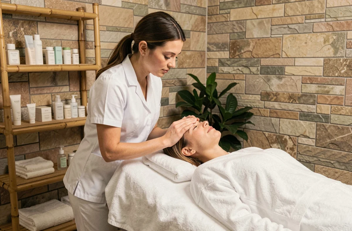 Esthéticienne réalisant un soin du visage relaxant à l'institut Kate Spa dans le Finistère