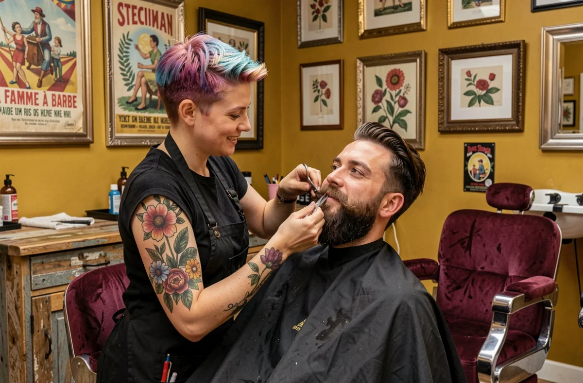 Barbière féminine au style unique travaillant dans le salon original La Femme à Barbe en Bretagne