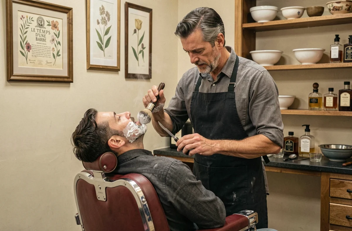 Barbier artisan appliquant de la crème à raser chaude dans le salon Le Temps d'une Barbe