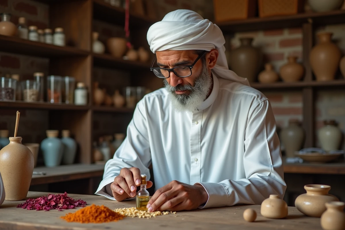 Maître parfumeur saoudien examinant un extrait d'oud dans son atelier traditionnel, flacons et ingrédients naturels en arrière-plan