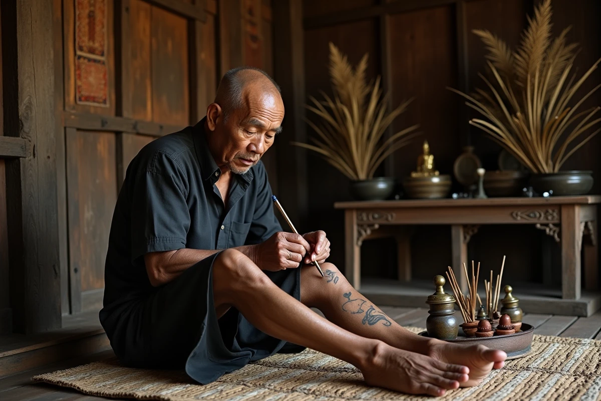 Maître tatoueur cambodgien pratiquant un rituel de tatouage bouddhiste traditionnel à la tige métallique sur un fidèle, dans un sanctuaire en bois à Siem Reap avec autels et bannières sacrées