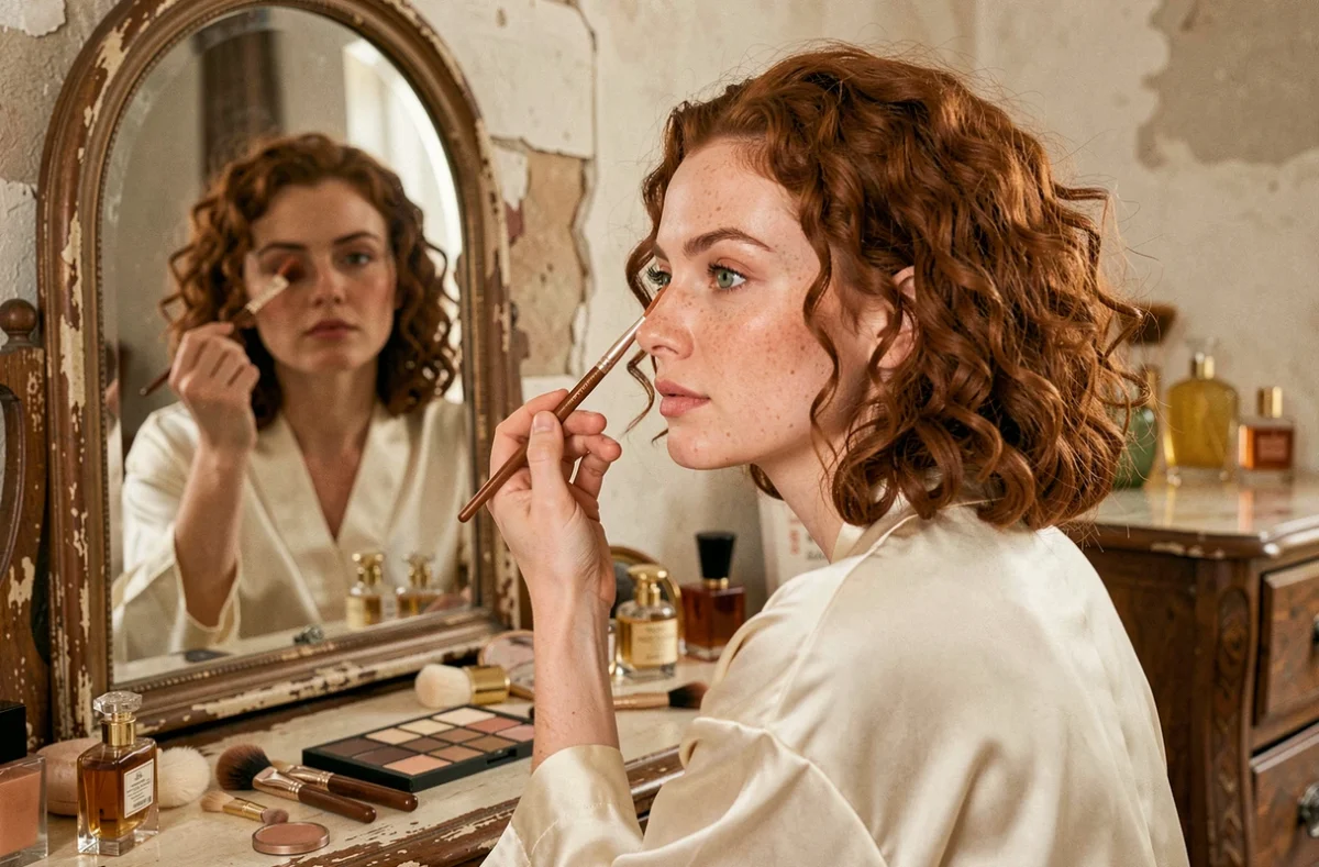 Femme rousse aux yeux verts appliquant un maquillage cuivré devant un miroir de coiffeuse vintage dans un boudoir parisien