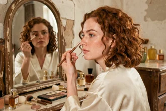 Femme rousse aux yeux verts appliquant un maquillage cuivré devant un miroir de coiffeuse vintage dans un boudoir parisien
