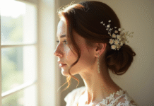 Mariée aux cheveux châtains clairs coiffée d'une tresse florale