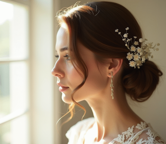 Mariée aux cheveux châtains clairs coiffée d'une tresse florale
