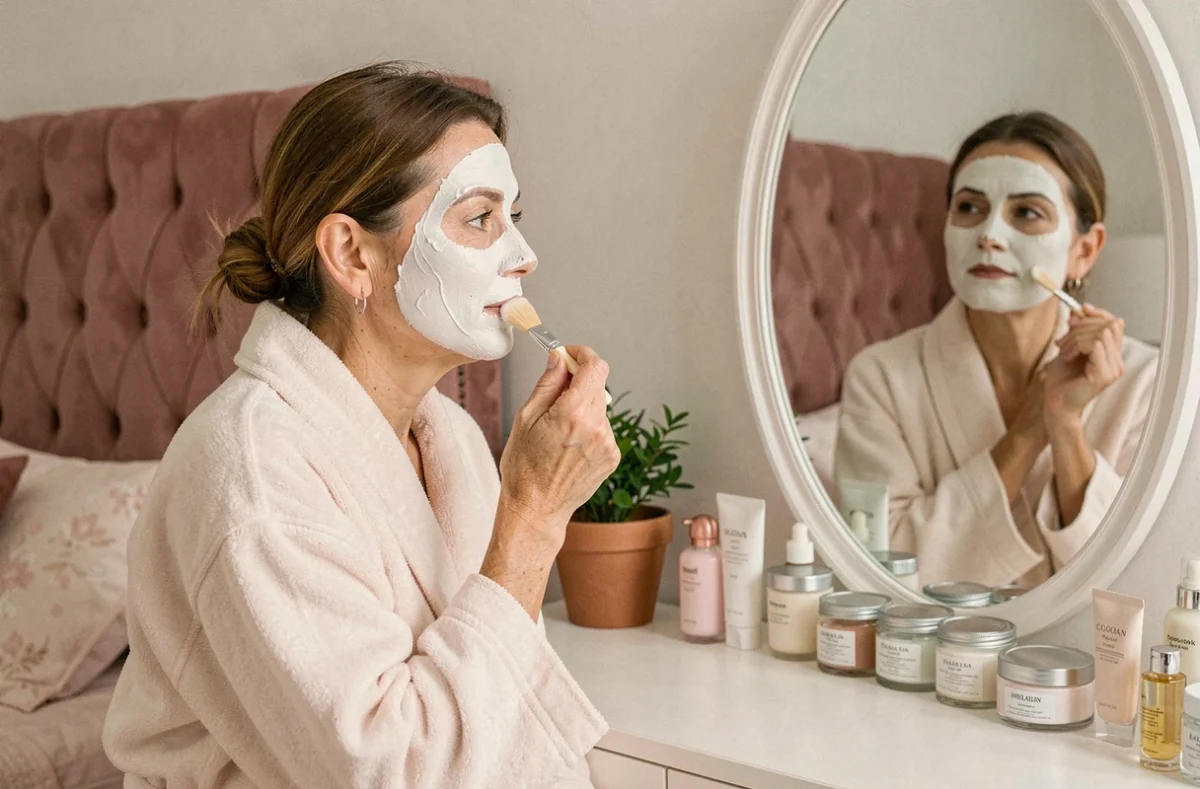 Femme d'âge mûr appliquant un masque à l'argile sur le visage devant un miroir de coiffeuse, soin exfoliant du soir contre les peaux mortes