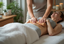 Femme relaxee recevant un massage abdominal avec rouleaux en studio