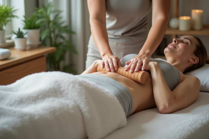 Femme relaxee recevant un massage abdominal avec rouleaux en studio