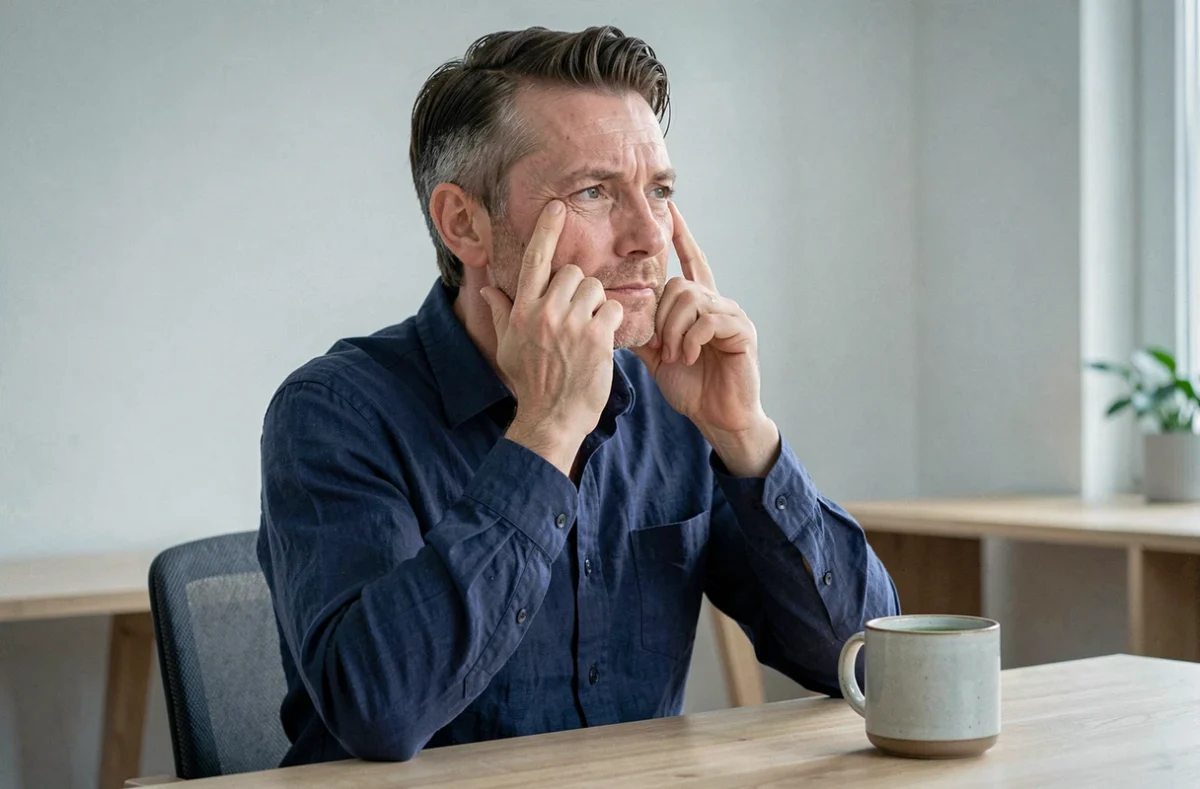 Homme pratiquant un massage de drainage lymphatique sous les yeux pour atténuer les poches, assis à un bureau en bois dans un bureau à domicile
