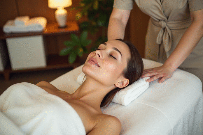 Femme détendue recevant un massage dans un spa apaisant