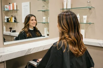 Jeune femme brune aux mèches caramel assise dans un fauteuil de salon de coiffure moderne, regardant son reflet dans le miroir
