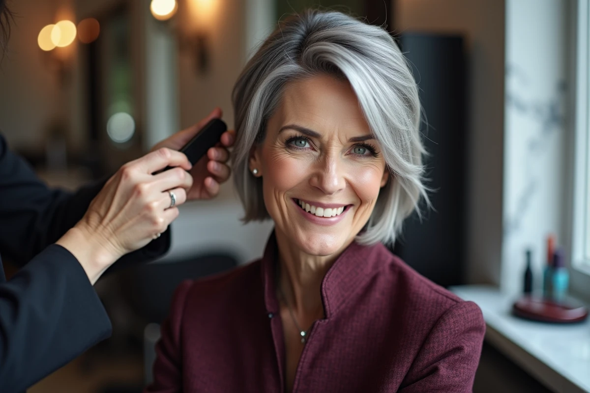 Femme en salon de coiffure avec une coupe courte grise et des mèches blanches glacées contrastées sur base gris anthracite