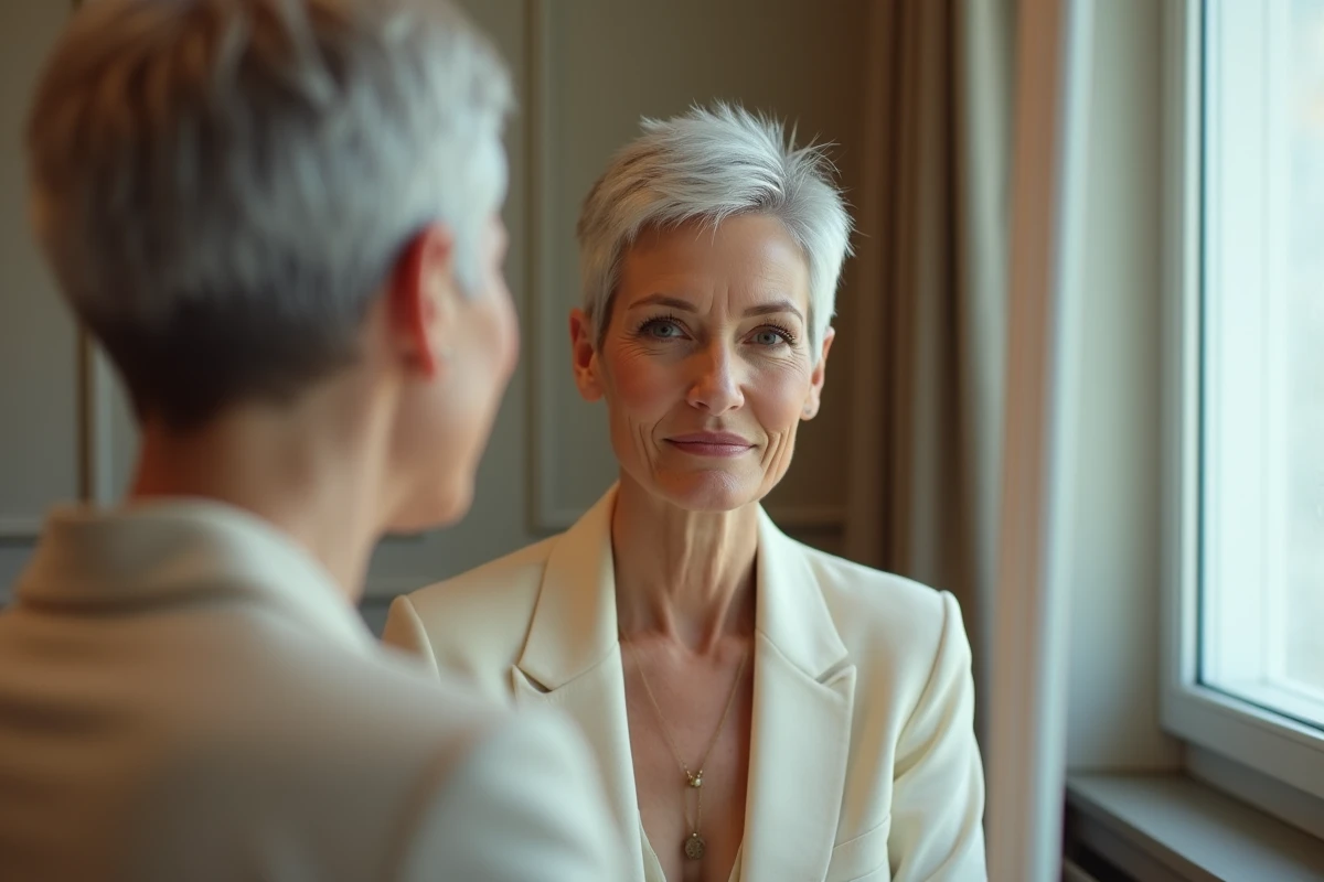 Femme élégante aux cheveux gris courts avec des mèches platine et un balayage argenté en coupe pixie