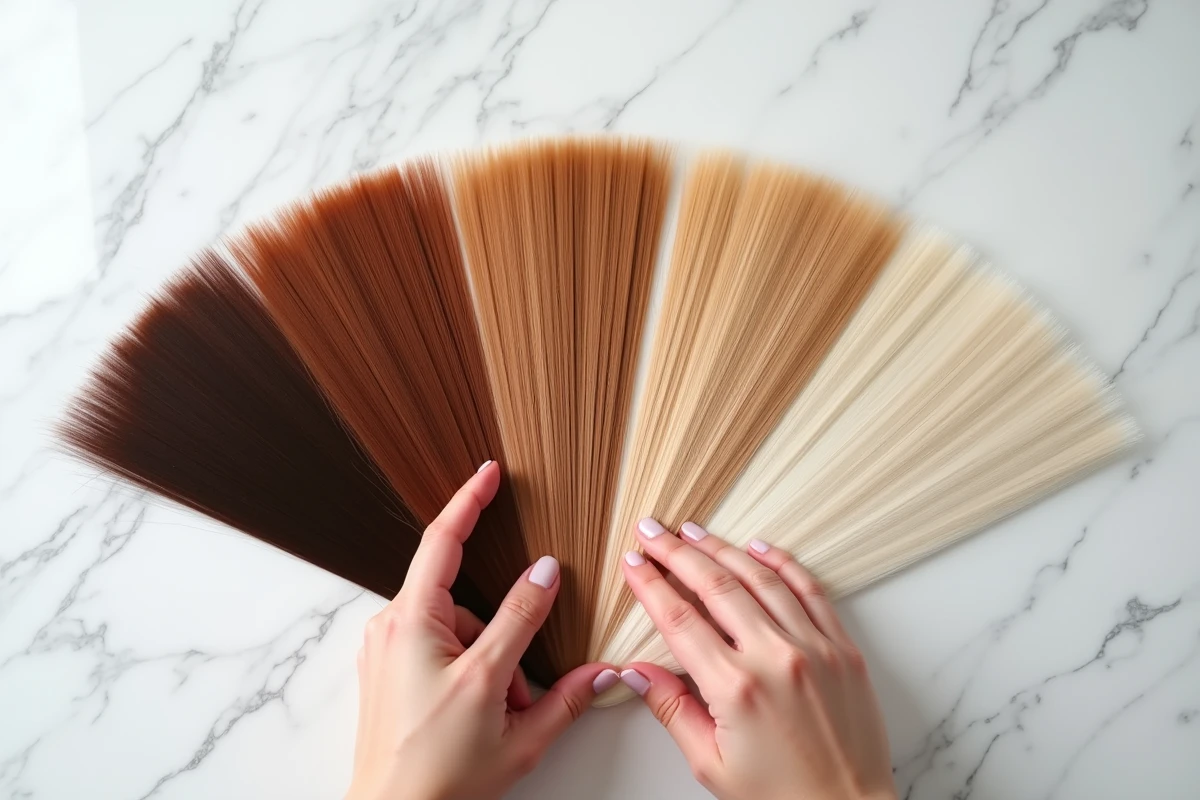 Éventail de mèches de couleurs capillaires disposées en dégradé sur un plan de travail en marbre blanc pour guide colorimétrie
