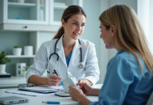 Medecin femme explique laser medical à une patiente