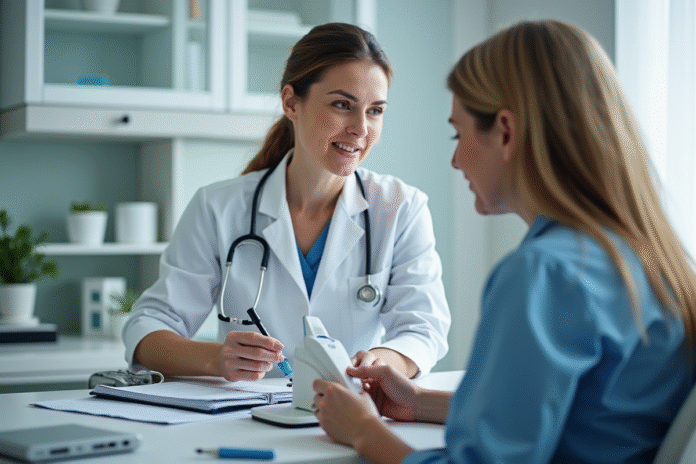 Medecin femme explique laser medical à une patiente