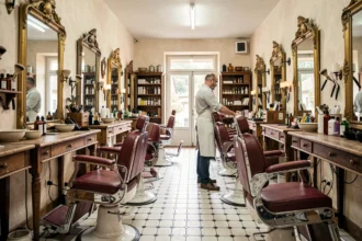 Intérieur d'un salon de barbier classique en Auvergne-Rhône-Alpes avec fauteuils en cuir rouge et carrelage en damier noir et blanc