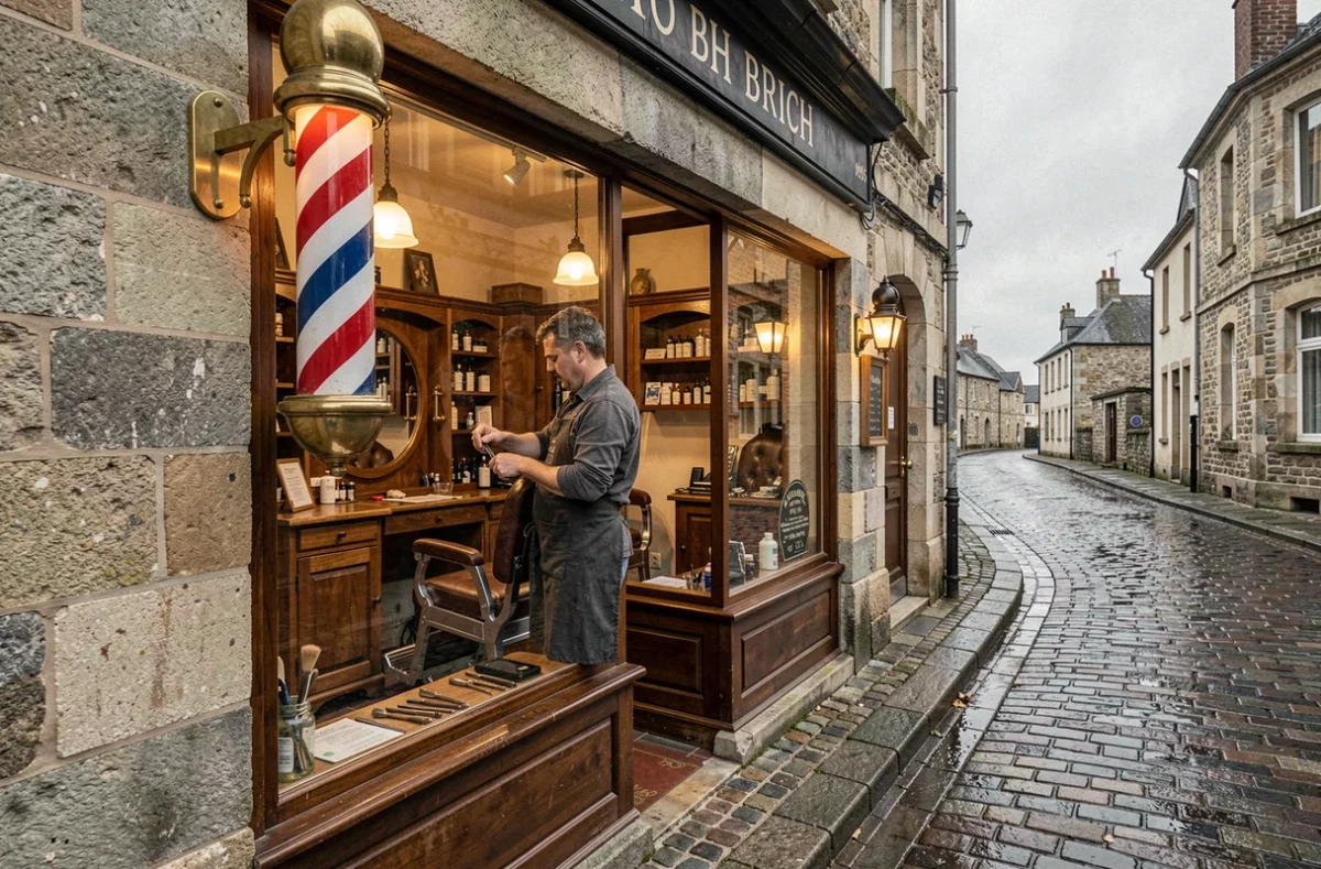 Devanture d'un salon de barbier traditionnel en Bretagne avec une enseigne striée classique et des murs en granit