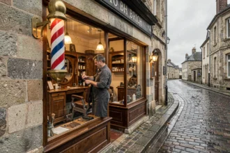 Devanture d'un salon de barbier traditionnel en Bretagne avec une enseigne striée classique et des murs en granit