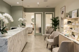 Intérieur élégant d'un institut de beauté dans le Finistère avec comptoir en marbre et décor soigné