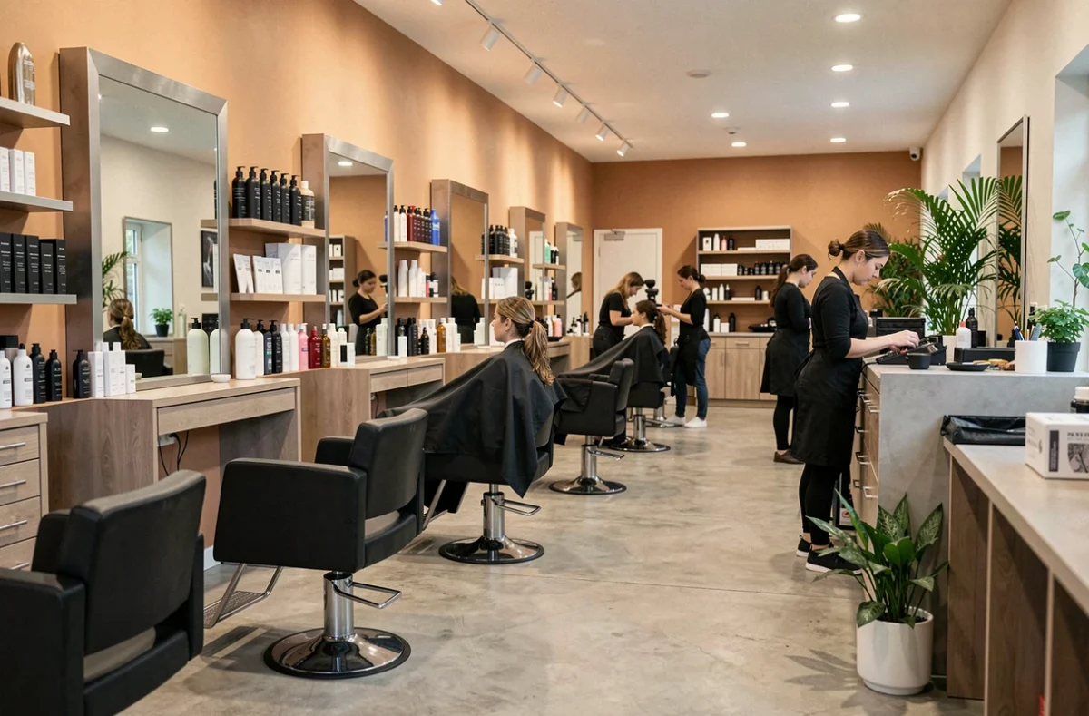 Vue intérieure panoramique d'un salon de coiffure moderne en Essonne avec des postes de coiffage alignés et des stylistes au travail