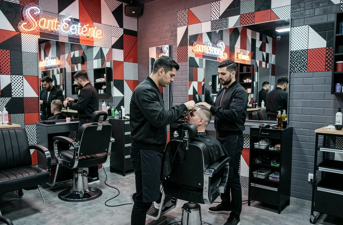 Barbier au style urbain réalisant un skin fade dans le salon Memphis Cut à Saint-Étienne avec décoration géométrique inspirée Memphis