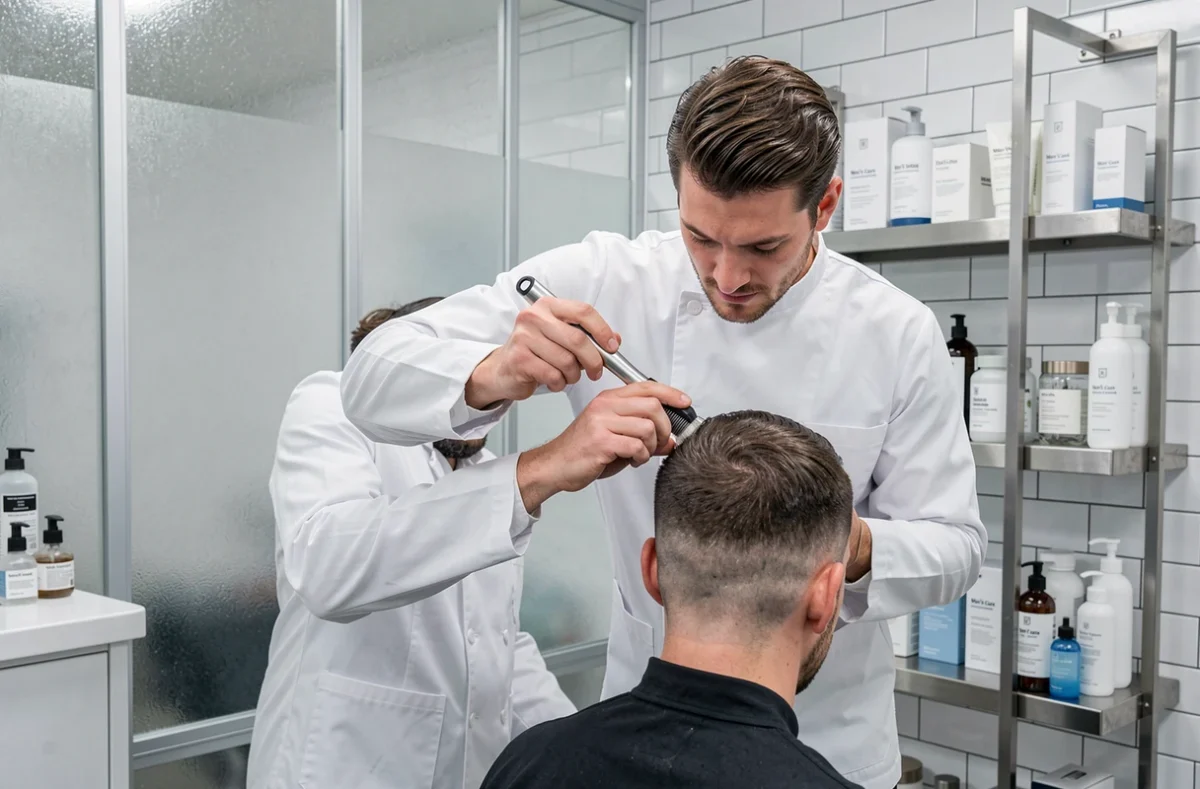 Salon de soin masculin épuré et professionnel Men's Care avec un barbier en blouse blanche