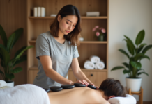 Femme appliquant des pierres chaudes sur un spa relaxant