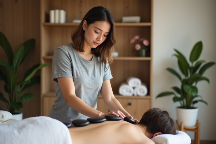 Femme appliquant des pierres chaudes sur un spa relaxant