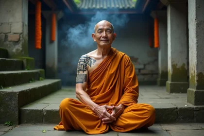 Moine bouddhiste thaïlandais avec un tatouage Sak Yant traditionnel sur l'avant-bras, assis en méditation sur les marches d'un temple ancien, entouré d'encens et de guirlandes de fleurs