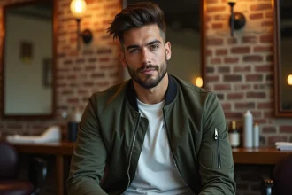 Homme aux cheveux en mulet moderne assis dans un salon de coiffure urbain avec murs en briques