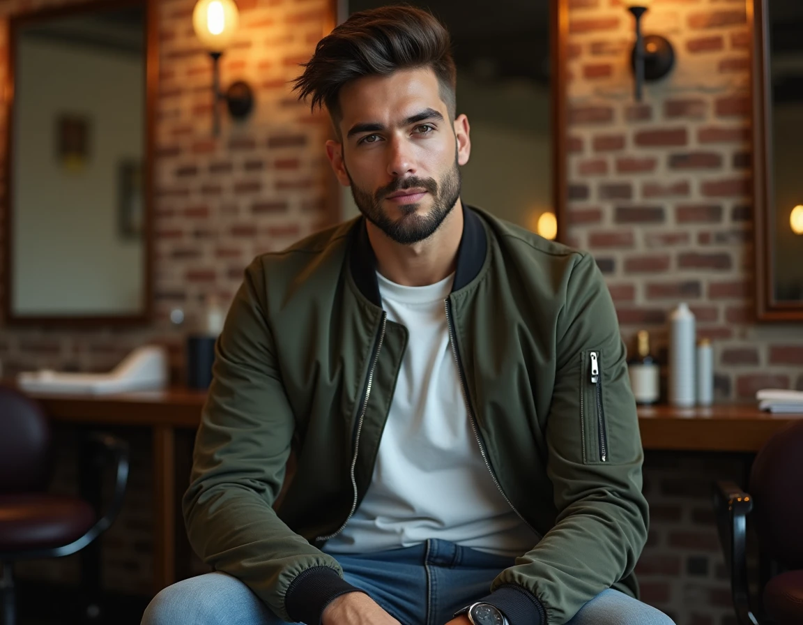 Homme aux cheveux en mulet moderne assis dans un salon de coiffure urbain avec murs en briques