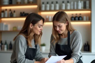 Coiffeuse et cliente qui examinent ensemble un devis de coloration au comptoir d'un salon de coiffure moderne