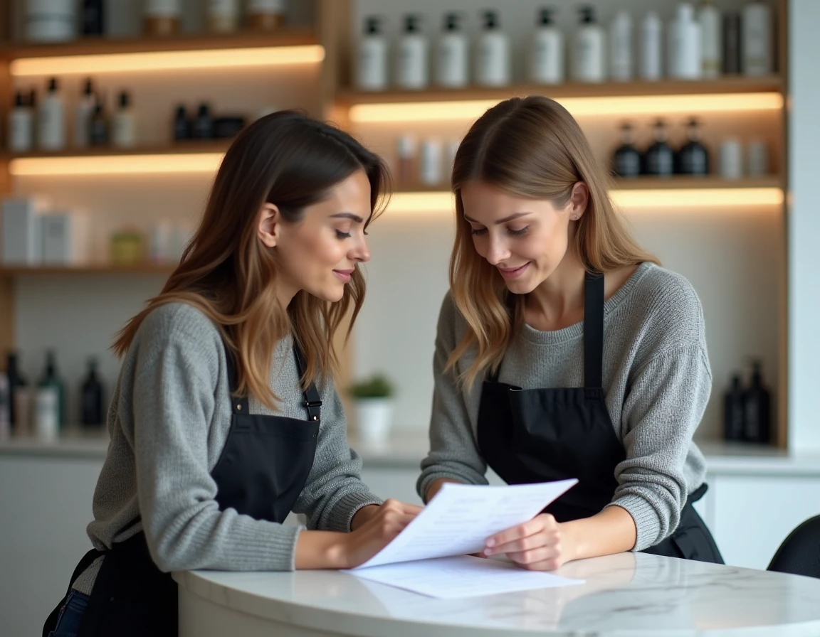 Coiffeuse et cliente qui examinent ensemble un devis de coloration au comptoir d'un salon de coiffure moderne