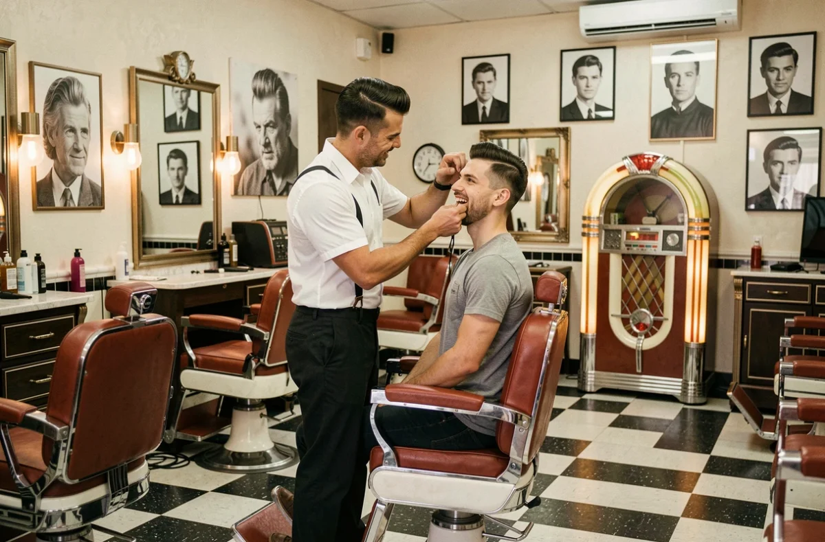 Barbier réalisant un pompadour classique dans l'atmosphère rétro années 50 du barbershop Oldie's à Moulins
