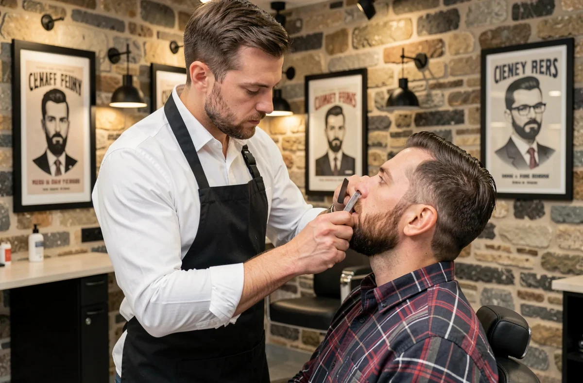 Barbier professionnel en tablier noir rasant soigneusement un client dans le salon One Barber à Clermont-Ferrand