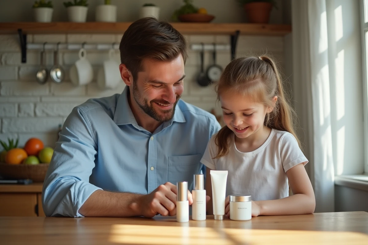 Père et fille examinent des produits de soin dans la cuisine