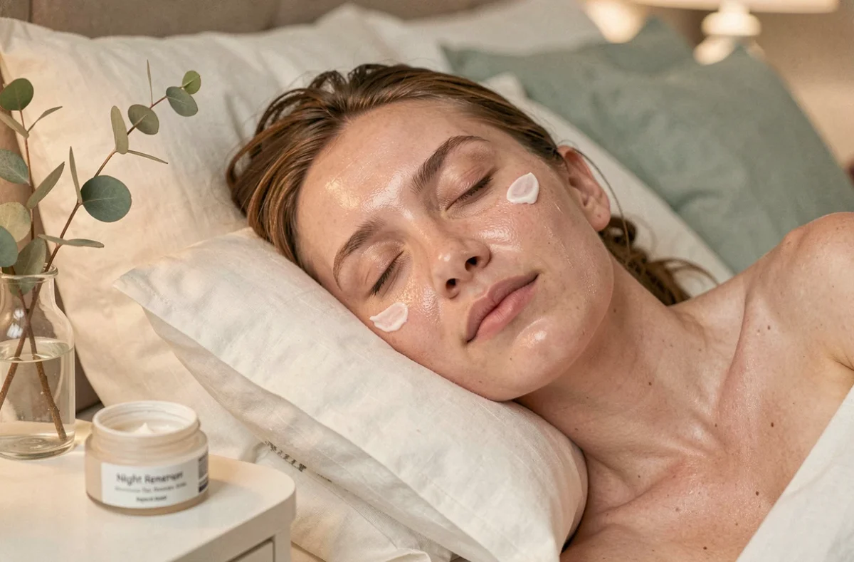 Femme endormie sur un oreiller blanc avec une peau hydratée et lumineuse après sa routine du soir, crème de nuit pour renouveler les peaux mortes