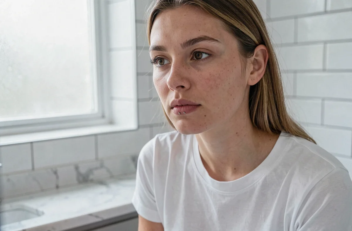 Jeune femme examinant son piercing au labret décalé devant un miroir de salle de bain, focus sur la cicatrisation