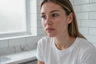 Jeune femme examinant son piercing au labret décalé devant un miroir de salle de bain, focus sur la cicatrisation